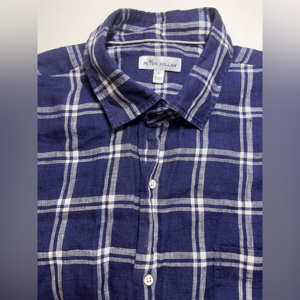 Peter Millar Seaside Morro Bay 100% Linen Windowpane Sport Shirt Large L